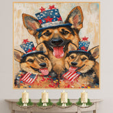 German Shepherd Mom and Puppies in Starry Patriotic Hats with Red Bowties and Distressed American Flag Background on Ready to Hang 1.5" Thick Canvas Wrap, Floating Framed Canvas, Flat Rolled Canvas